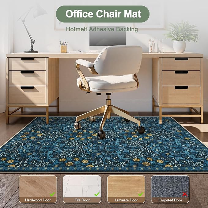 Anidaroel Floral Office Chair Mat for Hardwood Floor, 48"x60" Under Desk Chair Rug for Rolling Chair, Anti-Slip Computer Chair Mat, Low Pile Carpets Protector Mat for Home Office Gaming Room