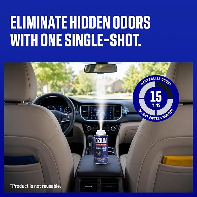Ozium Air Sanitizer, 2 Oz. Single-Shot Odor Eliminator | Anywhere Odor Eliminator, Single Shot Total Air Refresh & Car Air Freshener, Carbon Black, 4 Pack