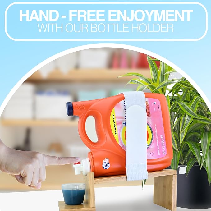 Liquid Laundry Detergent Holder Stand with Tray & Strap - 1 Pack - Wood | Easy Pouring, Rubber Feet, Angled Stand, Fabric Softener Dispenser for Laundry Room Organization & Storage