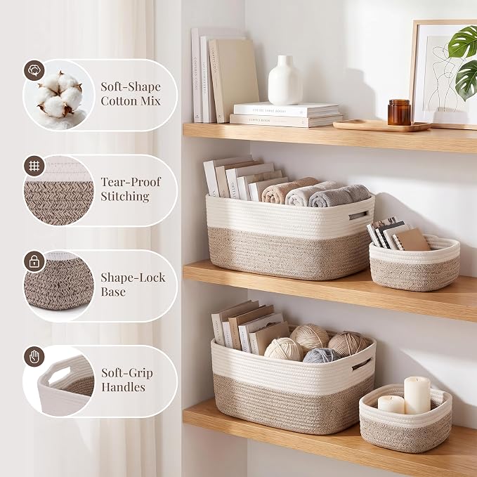 4 Pack Storage Baskets for Shelves, 17"x13"x7.5" & 7"x7"x3.5" | Cotton Rope Woven Baskets for Organizing, 2 Sizes Organizer Bins, Baskets for Shelves, Nursery, Toys, Closets, Laundry & Home