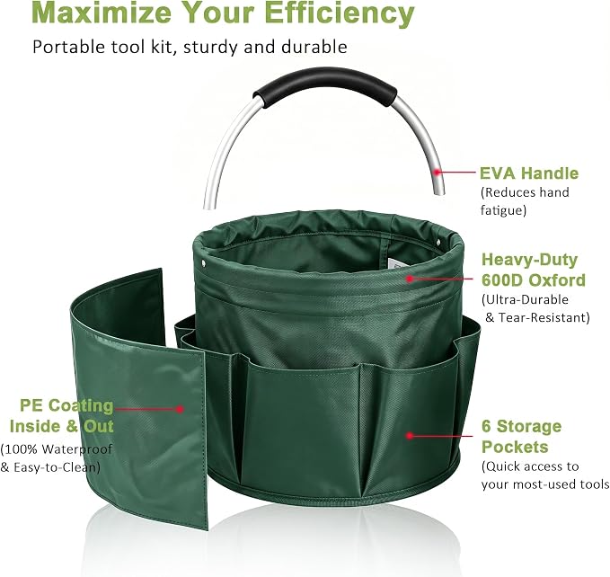 Cleaning Caddy with Handle, 17L Cleaning Supplies Organizer in 600D Oxford Fabric, Foldable Storage Basket with 6 Pockets, Portable Cleaning Bucket Bag for Home, Garden, Camping, Green