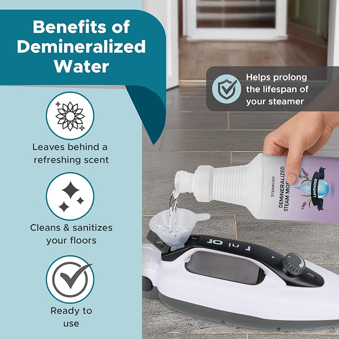 Steam & Go Demineralized Water for Steam Mop – Lavender Scent, 32 oz (Pack of 12)| Scented Floor Cleaner Solution, Ready-to-Use, Compatible with Any Steam Cleaner