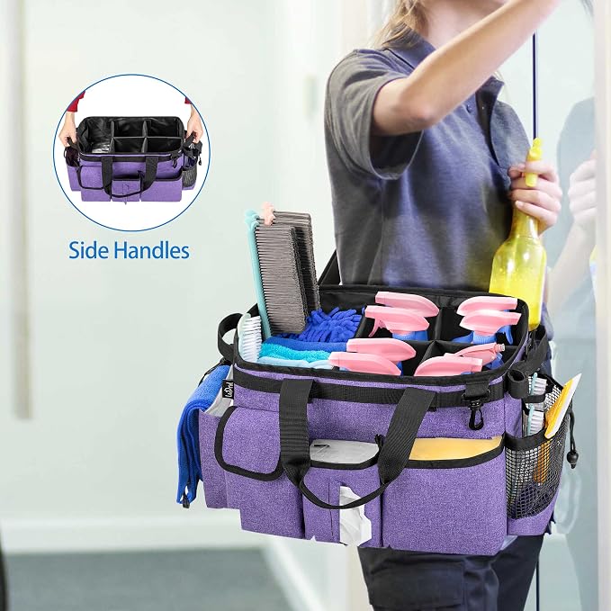 LoDrid Large Wearable Cleaning Caddy Bag with Detachable Divider, Purple | Cleaning Supply Tote Organizer with Handles and Adjustable Shoulder Strap for Cleaners & Housekeepers