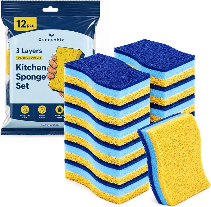 12 PCS Sponges Kitchen, Non Scratch Scrub Sponges for Washing Dishes, Blue | 3-Layer Kitchen Sponge, Dual-Sided Cleaning, Rich Suds Fast, Easy-Grip Design, Easy Rinse & Quick Clean