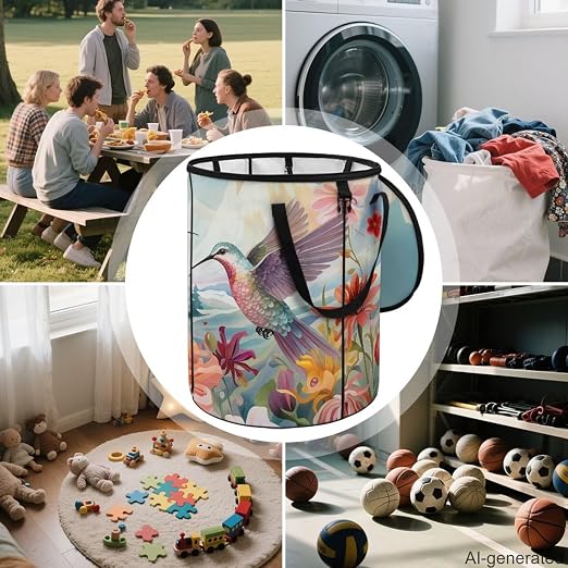 Hummingbird Flower 24 Gal Collapsible Trash Can w/Lid Waterproof Foldable Garbage Bin for Camping, Backyard & Hiking | Heavy Duty Pop-Up Design (23x18in) Car Camping Gear
