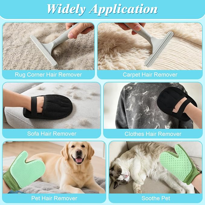 Carpet Rake for Pet Hair Removal, 4 in 1 Reusable Pet Hair Remover Tool | 23-54" Adjustable Rubber Broom, Silicone Grooming Glove, Magic Brush and Scraper for Dog Cat Hair, Rugs, Mats, Sofa