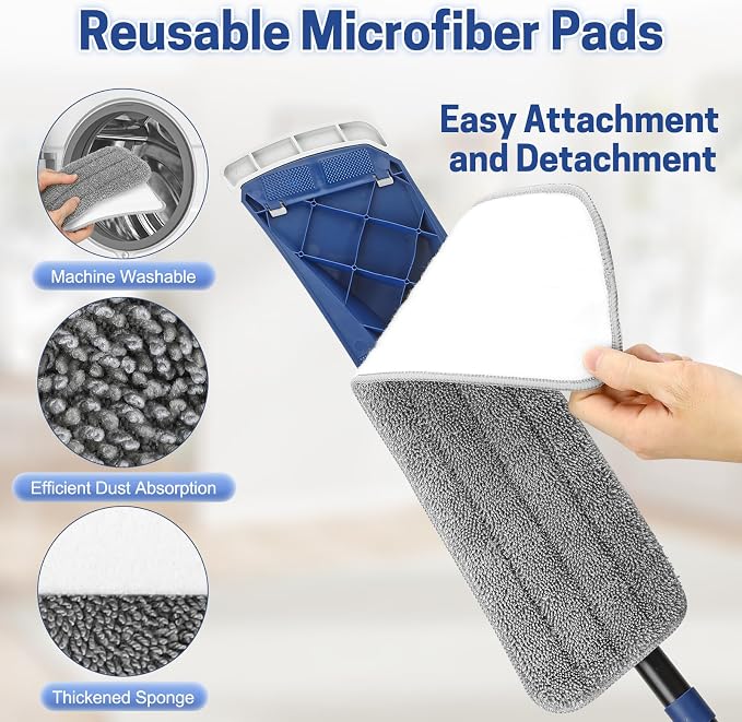 BUVE Microfiber Flat Mop for Hardwood Floors Cleaning | Wet Dry Use|360°Swivel Head|2 Washable Pads|Silicone Bumper Edge|59" Adjustable Handle for Vinyl,Laminate,Tile Floor Dust