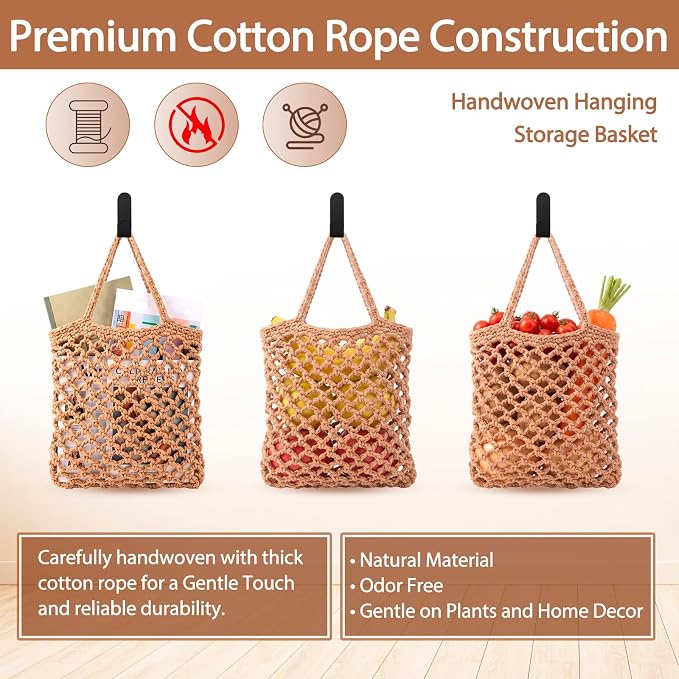 3 Hanging Baskets,Dark Brown,Mesh,Cotton Rope | Wicker Wall Baskets with Hooks for Fruit Vegetable Onion Storage, Teardrop Organizer for Kitchen, Boho Farmhouse Decor