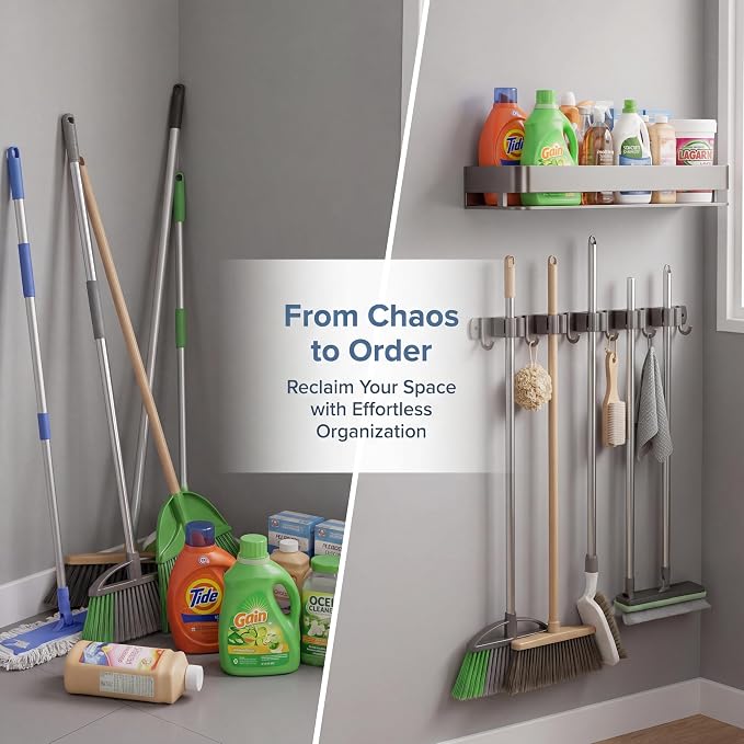 Broom Holder Wall Mount 24 Inch, Heavy-Duty Hooks & Sturdy Anti-Fall Large Capacity Shelf, Holds Brooms, Mops, Vacuums & Cleaning Supplies for Laundry Room, Garage and Closet