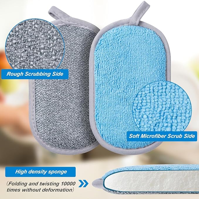 Non Scratch Scrub Sponge-6pack, Dual-Sided Sponges Kitchen(M, 3 Color) | Reusable Microfiber Sponge for Efficiently Cleaning Dishes, High Density Sponge Inside