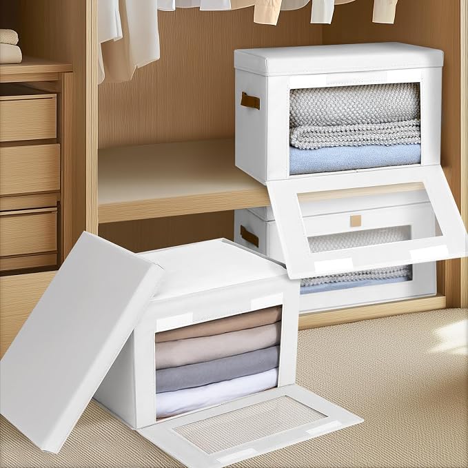 Homsorout Large Closet Storage Bins - Collapsible Clothes Organizer with Handles & Window, Decorative Boxes with Lids, Linen Closet Organizers for Living Room, Dorm, 5 Pack, White