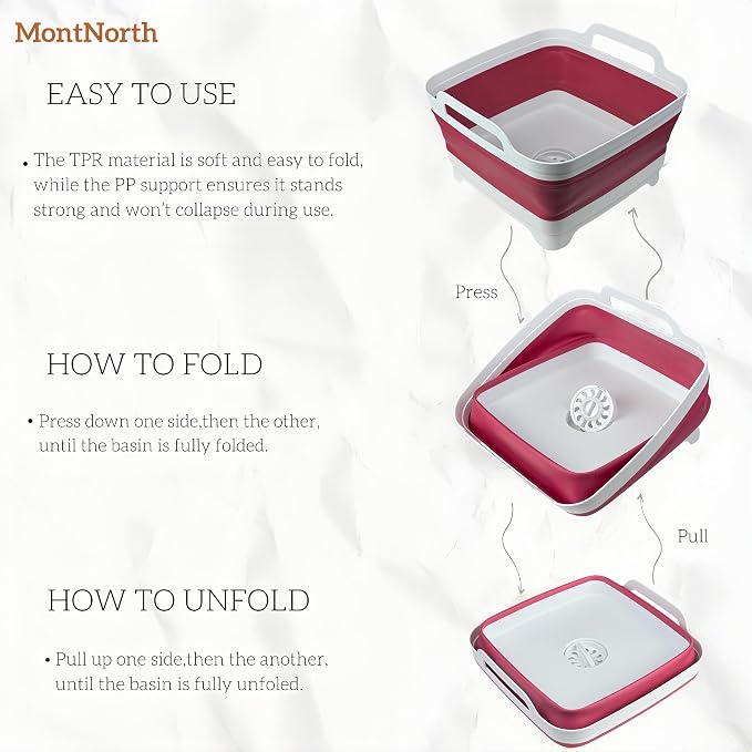 Collapsible Wash Basin 9L, Foldable Dish Tub with Drain Plug, Portable Collapsible Dish Basin, Camping Sink for Washing Dishes, Laundry & Kitchen Use (Viva Magenta)
