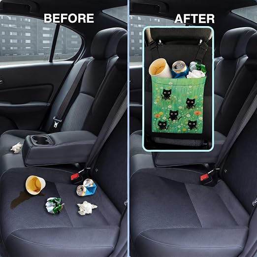 Black Cat Floral Car Trash Bag Hanging for Back Seat | Cottagecore Black Cat Canvas Drawstring Car Garbage Bag with Adjustable Buckle Vehicle Trash Can