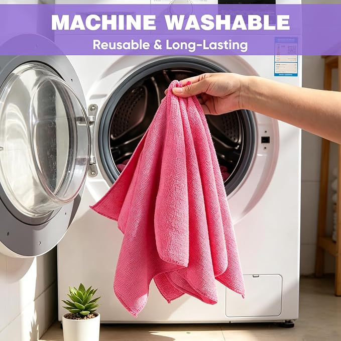 TEAWOO 10 PCS Pink Microfiber Cleaning Cloths, Assorted Cleaning Rags | Microfiber Towels, Car Towels, Kitchen Towels, Bathroom Towels, Household Cleaning, 11.8"X11.8"