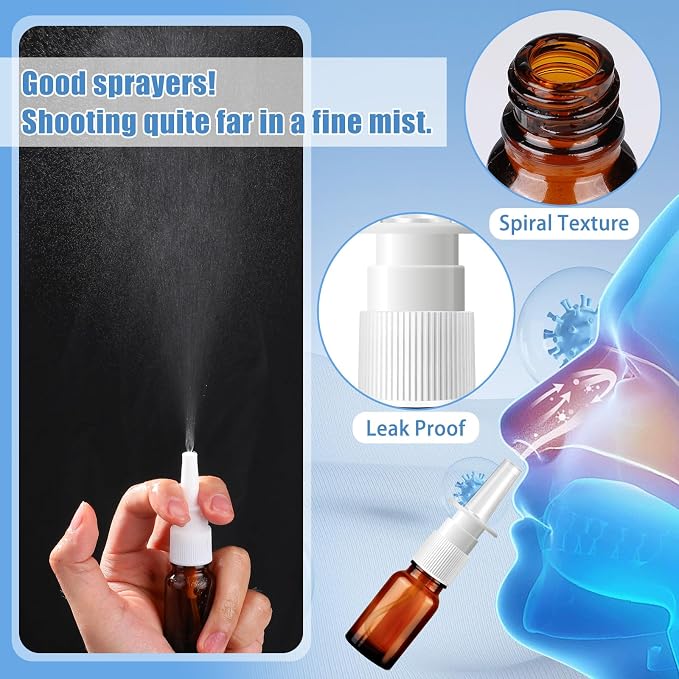 20 Pcs Nasal Spray Bottle, 10ML/0.35OZ 12Pcs Glass Brown Nasal Spray Bottles Empty with 4 Funnels and 4 Labels