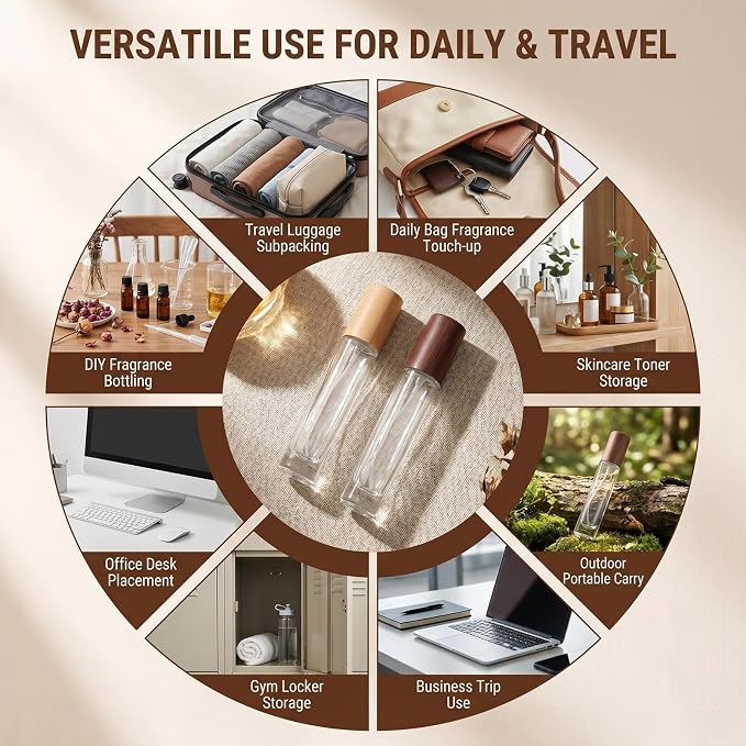 2 Pack 15ml 0.5oz Refillable Glass Spray Perfume Bottles Dispenser with Fine Mist Sprayer & Wooden Lid-Travel & Home Fragrance Containers for Cologne Essential Oils Cosmetic Liquids