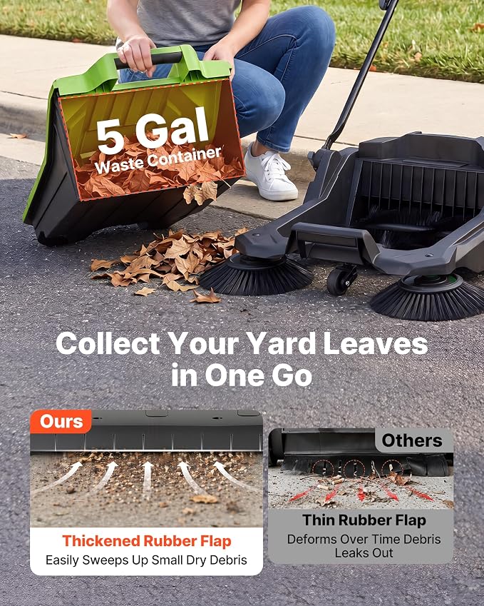 VEVOR Walk-Behind Hand Push Floor Sweeper, Manual Floor Sweeper Non-Electric with 25.6" Sweeping Width, 5 Gallons Waste Container & Adjustable Folding Handle for Yards Walkways Patios Garages - Green