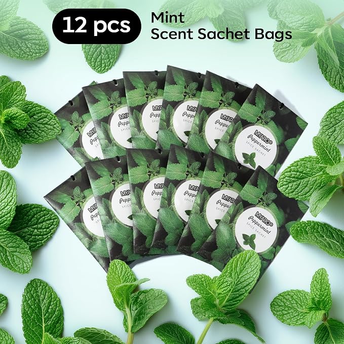 MYARO 12 Pack Peppermint Scented Sachets, Closet Deodorizer Car Freshener | Long-Lasting Sachet Bag, Odor Eliminator for Closet, Drawer, Bathroom, Clothes, Fabric Refresher, Home Fragrance Gift Set