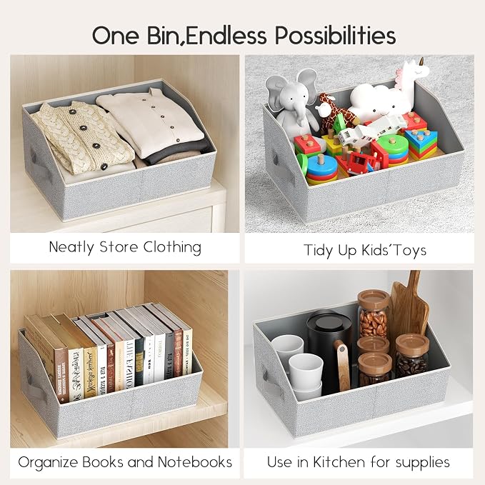 Large Closet Organizers and Storage Bins - 8 Pack Trapezoid Storage Baskets for Shelves, Foldable Fabric Baskets with Handles Ideal for Closet, Basket, Wardrobe and Shelf Storage, Light Grey