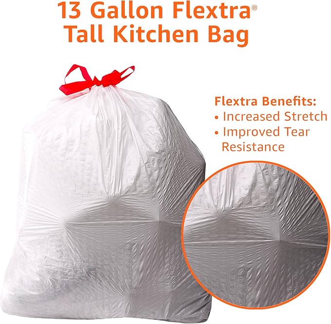 Amazon Basics 13 Gallon Tall Kitchen Drawstring Trash Bags, Flextra Strength, Tear Resistant, 10% Post Consumer Recycled, 120 Count