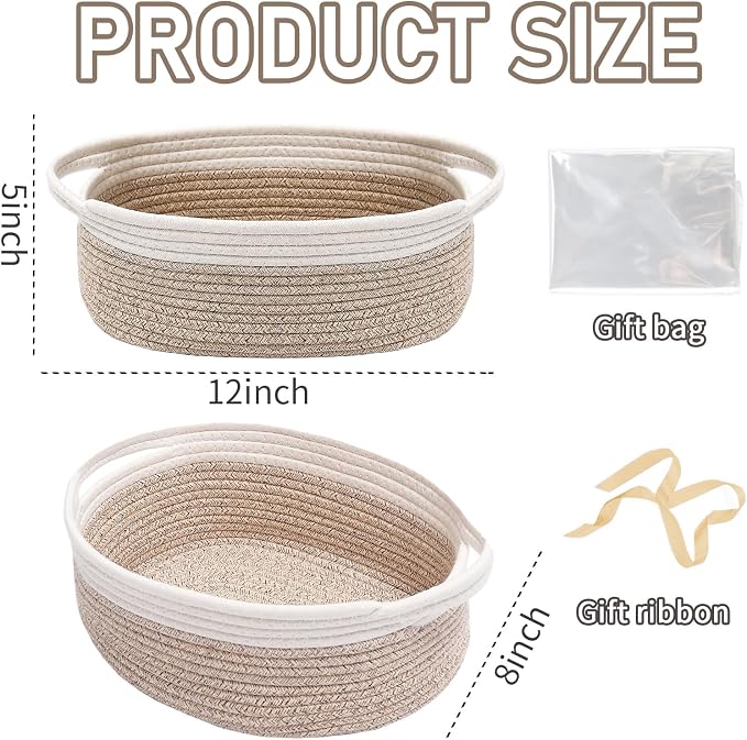 JMvicyroam Small Woven Basket, Empty Gift Basket, White&Oatmeal/1 Pack | Small Gift Basket, Cotton Rope, 12 x 8 x 72 in, Handles, Includes Ribbon and Bag, Birthday Gift Basket