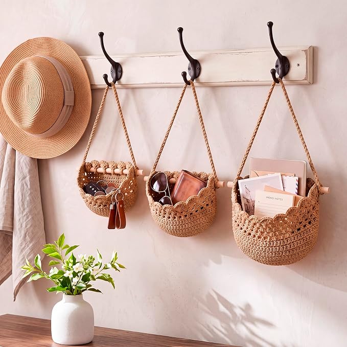 3 Hanging Baskets,Dark Brown,Lace,Cotton Rope | Wicker Wall Baskets with Hooks for Fruit Vegetable Onion Storage, Teardrop Organizer for Kitchen, Boho Farmhouse Decor