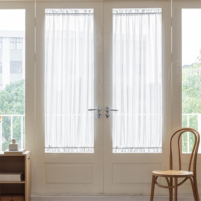 Aquazolax Pure White Sheer Window Treatments for French Door, Rod Pocket Light Filtering Curtain Panel Set of 2 for Privacy/Room Divider - W54 x L72