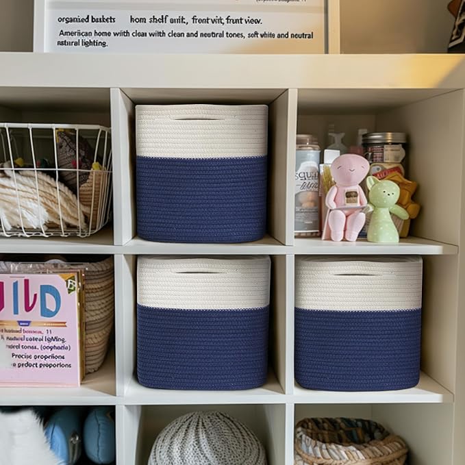 11x11 Cube Storage Bin - 3 Pack Woven Storage Cubes Organizer, 11 Inch Cotton Rope Baskets for Organizing, Decorative Square Shelf Baskets Closet Bins, Toy Boxes for Boy, Dark Blue Decor