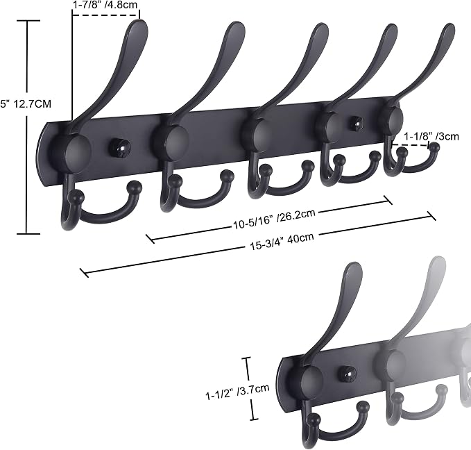 Dseap Coat Rack Wall Mounted - 5 Tri Hooks, Heavy Duty, Stainless Steel, Metal Coat Hook Rail for Coat Hat Towel Purse Robes Mudroom Bathroom Entryway (Black, 4 Packs)