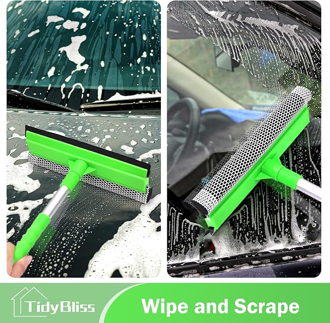 TidyBliss Window Squeegee Professional, 56” Car Windshield Glass Cleaner Tool with Extension Pole, Long Handle Household 10 inches Washer Sponge Scrubber Kit for Cleaning Home Mirror Outdoor (Green)