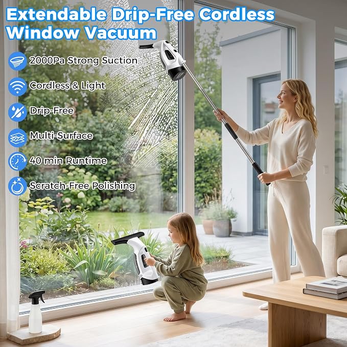 2000Pa Window Vacuum Squeegee with 31-40" Pole, 2200mAh & 150ml Tank | Electric Window Cleaning Tool for Windows, Shower Doors, Mirrors, and Tiles
