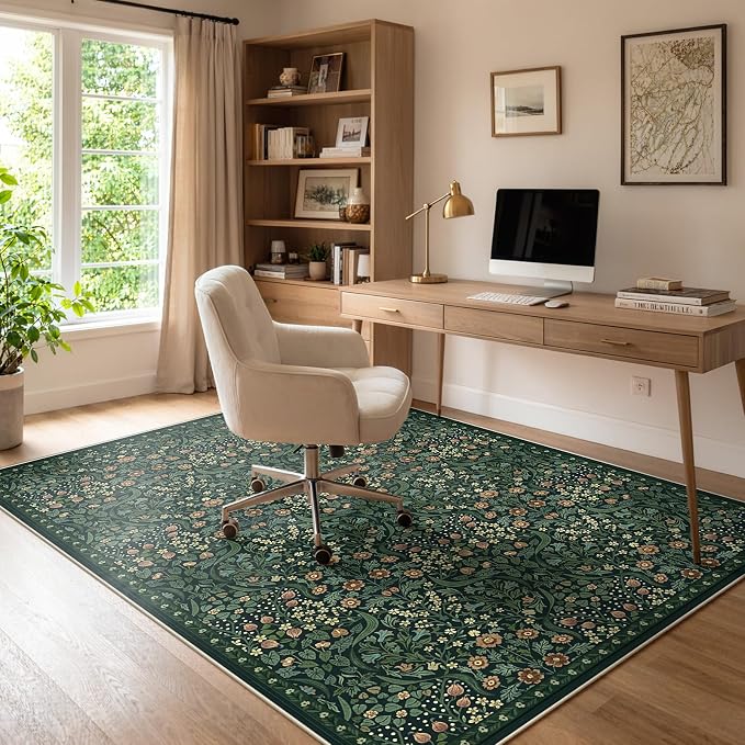 Anidaroel Office Chair Mat for Hardwood Floor/Tile Floor, 5x7 Floral Desk Chair Mat for Hard Floors, Under Desk Rug Protector for Rolling Computer Gaming Chairs, Anti Slip Machine Wash Low Pile Carpet