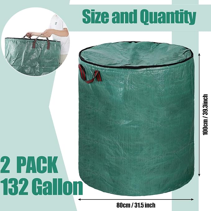 Kingdder 2 Pack 132 Gallon Reusable Yard Waste Bags with Lid and Handle Collapsible Extra Large Lawn Bag Holder Heavy Duty Leaf Bins Garden Container for Garbage Outdoor Clean Up Debris Leaves Grass