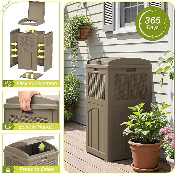 Greesum 33 Gallon Resin Outdoor Trash Can with Lid, Waterproof, Brown | Resin Garbage Bin,UV-resistant for Hideaway, Patio, Deck, Light