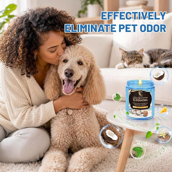 Coconut Odor Eliminating Candles, Pet Scented Candles for Home, Single Wick Soy Candle Gifts for Women, Men, Ideal for Creating Relaxing Atmosphere, Over 50 Hours of Burn Time (Pack of 2)