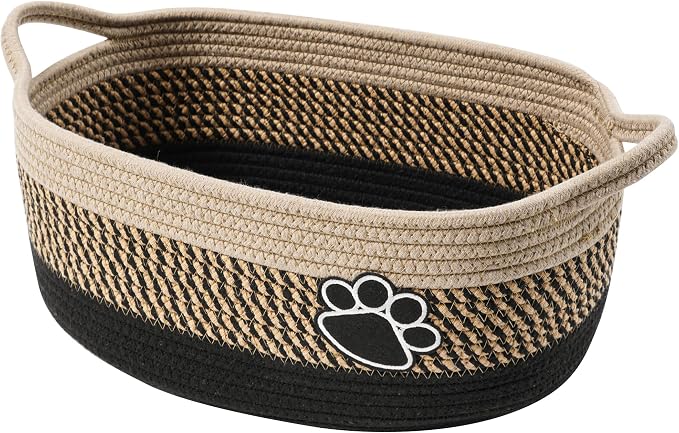 Small Woven Baskets for Organizing Rope Storage Basket with Handle Cute Cotton Nursery Gift Dog Toy Bins Organizer-Light Beige