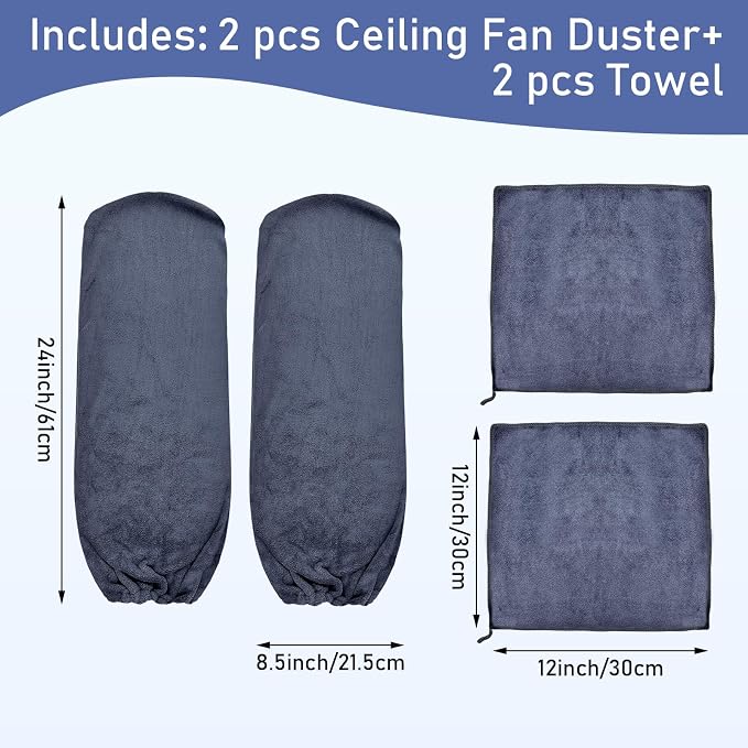 4 PCS Ceiling Fan Duster Kits,100% Microfibre Fan Blade Cleaner for high Ceiling Fan Blades.Machine Washable and Reusable,Includes 2 Ceiling Fan dusters and 2 Microfibre Towels（Grey） (Grey)