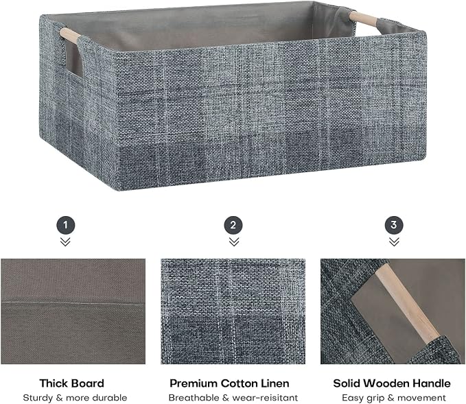 Fabric Storage Box, 15x11in Foldable Cotton Linen Basket with Wooden Handle | Medium Rectangular Cube Decorative Home Laundry Organizer Clothes Blanket Container Organizing Clothes Sheet, Dark Gray Plaid