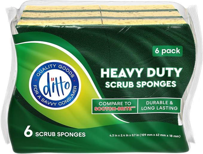 Ditto Heavy Duty Scrub Sponges (6 Pack) - Extra Durable and Long Lasting - Safe on All Surfaces… (Yellow)