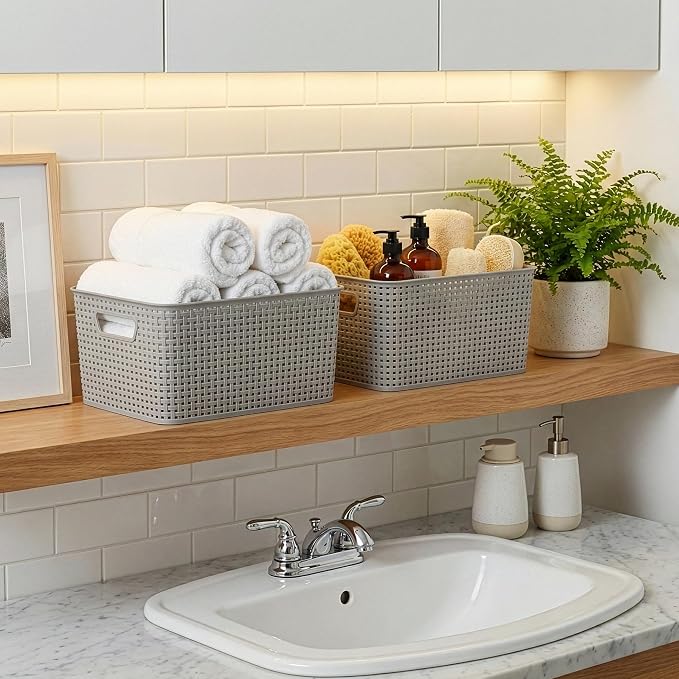 BINO | Plastic Storage Baskets, 13.5 Liter - 3 Pack, Natural Grey | THE WOVEN COLLECTION | Storage Basket for Shelves | Woven Storage Baskets for Organizing Bins Pantry Shelf Organizer | Container Bin