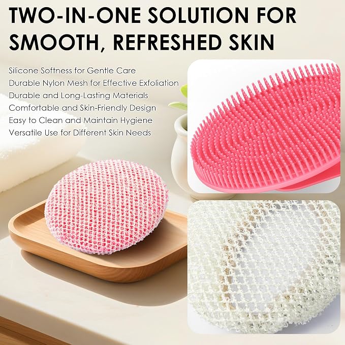 Hygienic Body Cleansing Scrubber with Exfoliating Net Sponge Case, Pink | INNERNEED Soft Silicone Bristles Deep Clean & Massage Shower Scrub Brush with African Exfoliating Bath Mesh