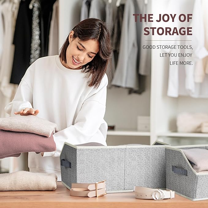 Trapezoid Closet Shelf Organizer - Large Baskets for Organizing, Fabric Storage Box for Shelves, Cube Storage Bins for Clothes, Books, Blankets, 3 Pack, Light Gray