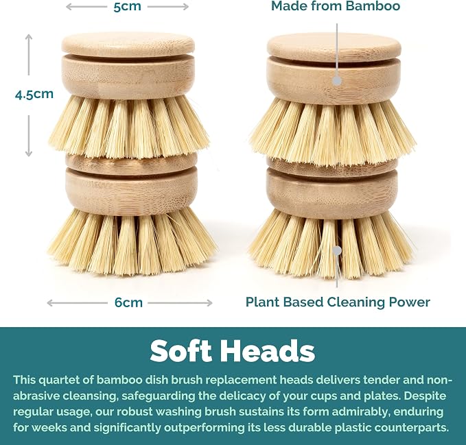 JUNGLE CULTURE Soft Replacement Dish Brush Heads • 4 Pack Sisal Refills | Non Toxic Plastic Free Kitchen Brushes for Pots, Pans, Cast Iron, Jars & Vegetables • Natural Fiber Bristles