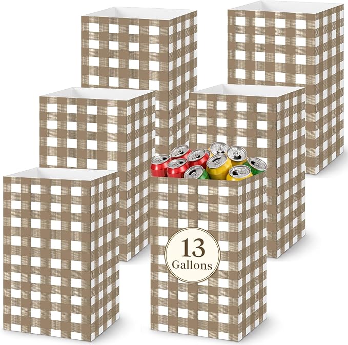 Tinlade 6 Pack Disposable Trash Cans for Parties 13 Gallon Pop up Trash Cans Large Collapsible Garbage Bins Thick Foldable Recycling Bin for Holiday Party Gatherings, Khaki Plaid