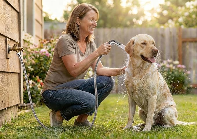 G-Promise Dog Shower Attachment with Flow Control | High Pressure, with Flow Control Lever, Extra Long Hose, Easy to Install, No-Drill Hook Mount