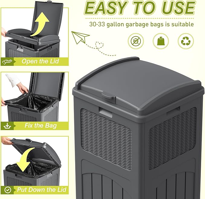 Greesum 33 Gallon Outdoor Trash Can with Lid, Waterproof, 3 Pack, Gray | Resin Garbage Bin for Hideaway, Deck, Patio