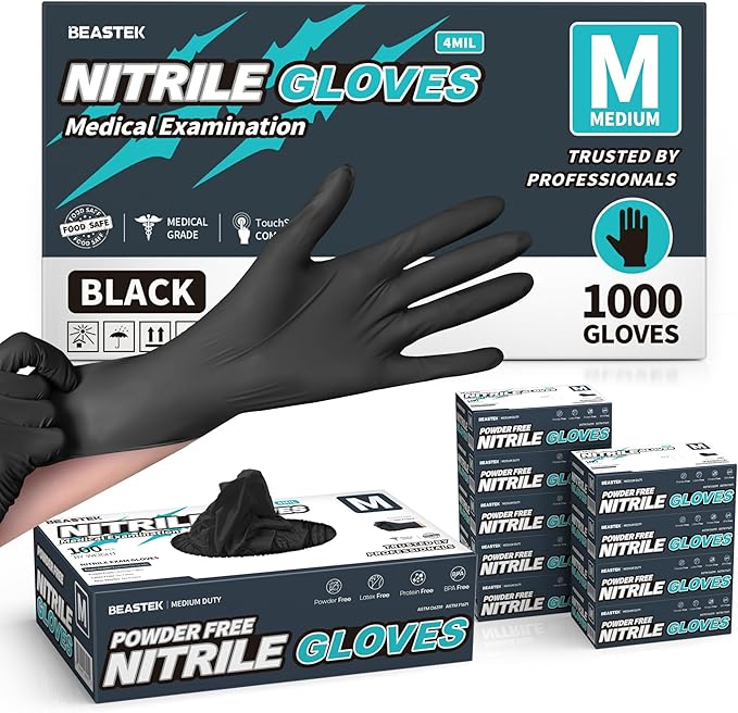 Black Nitrile Exam Gloves, 4 Mil, Powder-Free Food Prep Disposable | Soft+ • Powder-Free • Latex-Free • Medical • Examination • Cooking • Cleaning • Food Prep • Tattoo • Black • 100 Ct & 1000 Ct
