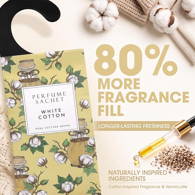 Large 12 Packs White Cotton Hanging Scented Sachets Long-Lasting Closet Deodorizer Air Freshener Fabric Refresher Odor Eliminator for Drawer Home Fragrance Gift Set