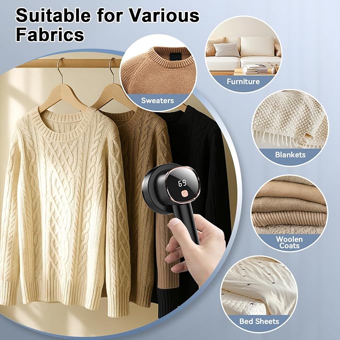 Rechargeable Fabric Shaver, 6-Leaf Blades, LED Display, 3 Speeds | Portable Lint Remover Easy to Remove Pilling, Fuzz & Lint Balls from Clothes, Sweater, Couch, Blanket, Furniture, Coat, Black