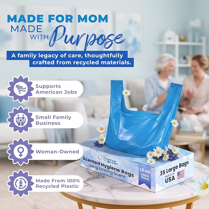 Heaven Scent Hygiene Bags 1.5MIL ULTRA-THICK Discreet Waste Disposal | Made in the USA | Mild Baby Powder Scented Trash Bags for Adult Briefs & Feminine Products - Large, 35 Bags